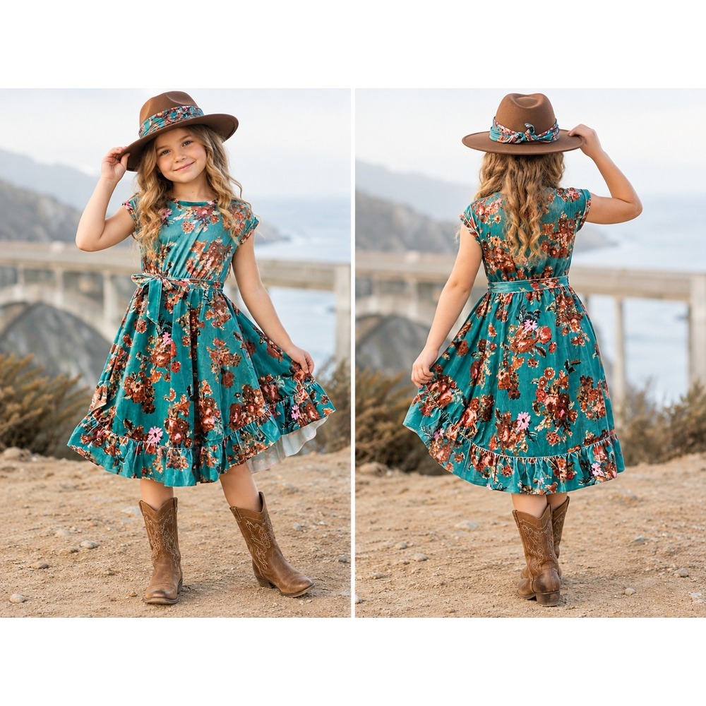 Joyfolie Girls Amoura Dress Aegean Ikat Teal Floral Velvet High-Low Size 7 NWT